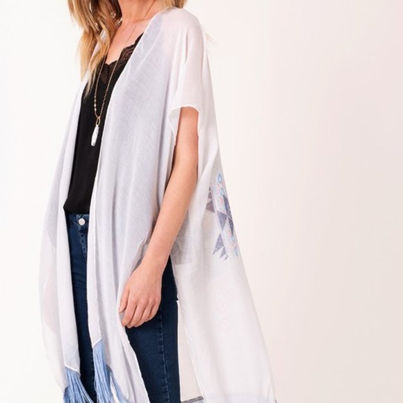 💙 Tribal Graphic Print Fringe Hem Kimono - Picture 6 of 6